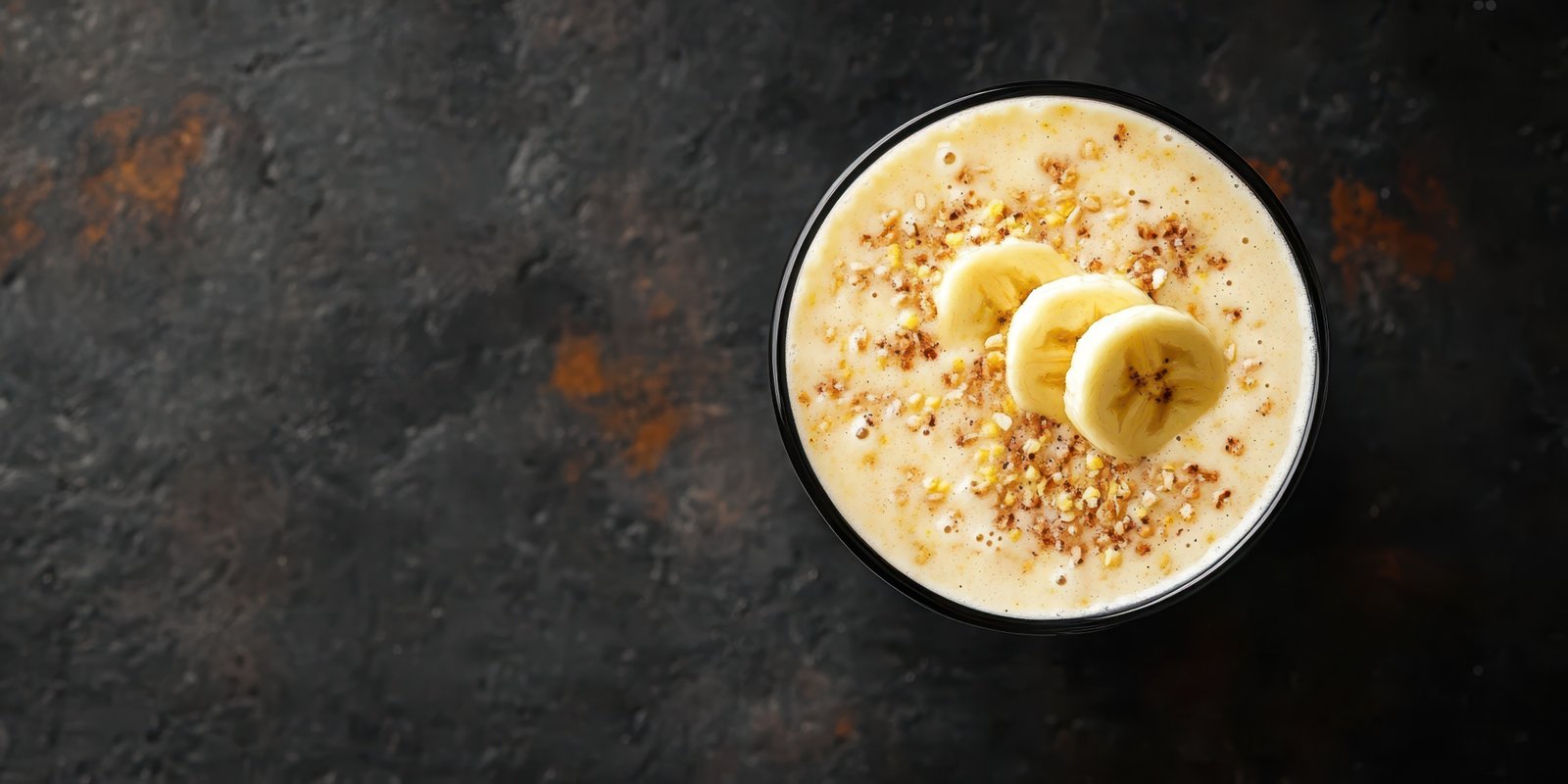 Smooth banana smoothie topped with granola and banana slices on a dark textured surface